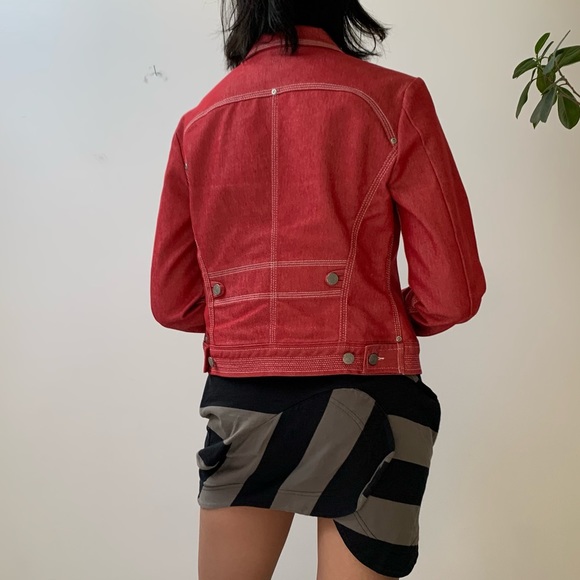 (SOLD) BCBG Maxazria Red Denim Jacket with White Contrast Stitching - Picture 4 of 6